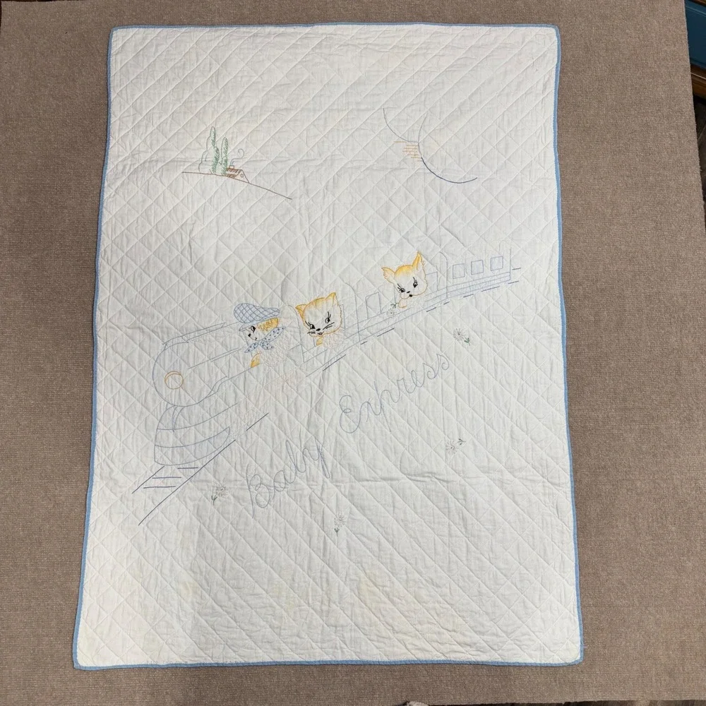 Vintage Baby Express Embroidered Quilt White Blue Train Kittens Nursery Blanket